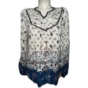 STYLE & CO Top Women's Size M Burgundy Blue Ivory Pleated Bib LS Blouse Shirt